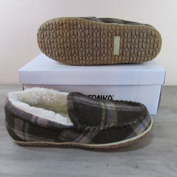 Minnetonka Women's Tempe Fleece Lined Slipper Moccasin Loafer Chocolate Plaid - Picture 3 of 3
